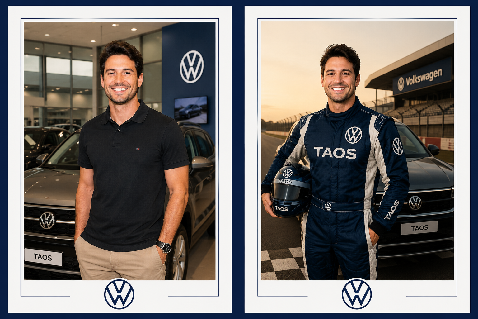 Exemplo horizontal de foto com IA para ativação Volkswagen, mostrando o convidado como protagonista